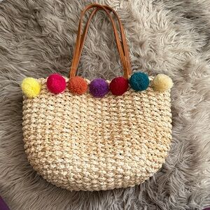 Colorful Pom-Pom Straw Tote Bag